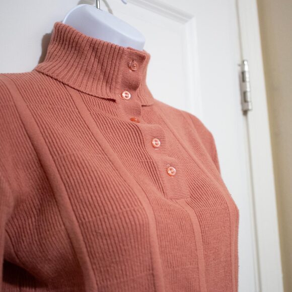 Retro Knitivo Sweater Mockneck Coral Peach Ribbed Button Top Korea | Soft Autumn - Picture 3 of 7